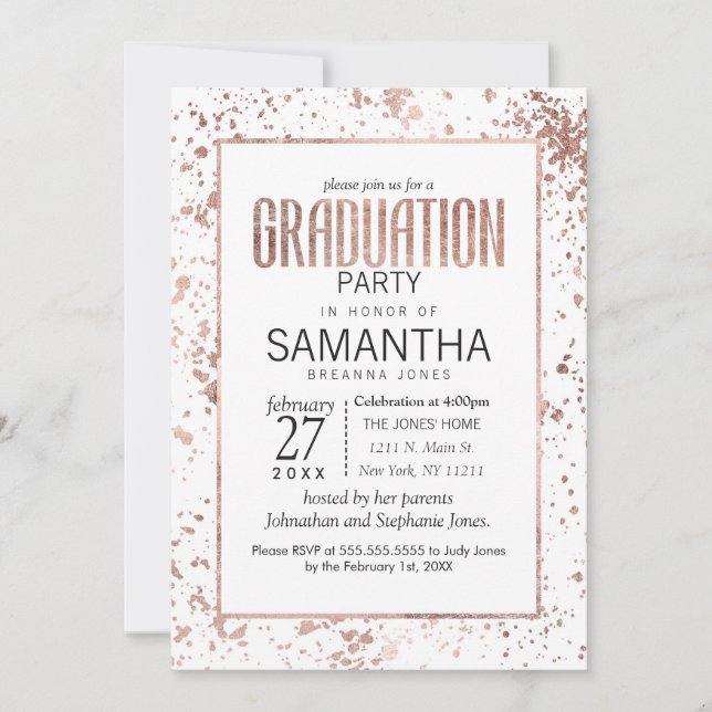 Rose Gold and Paint Splatters Graduation Party Invitation (Front)
