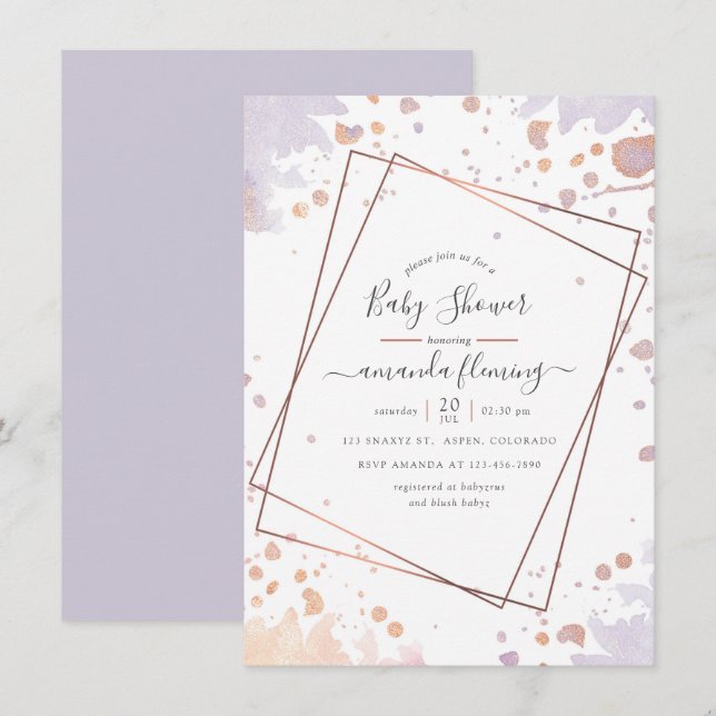 Rose Gold and Pastel Purple Geometric Baby Shower Invitation (Front/Back)