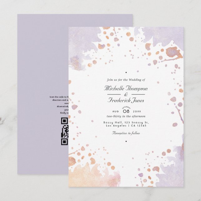 Rose Gold and Pastel Purple Paint QR Code Wedding Invitation (Front/Back)