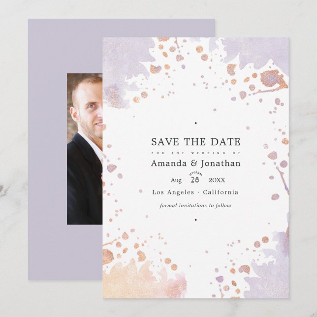 Rose Gold and Pastel Purple Paint Splatter Wedding Save The Date (Front/Back)