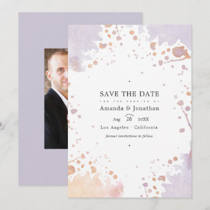 Rose Gold and Pastel Purple Paint Splatter Wedding Save The Date