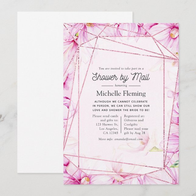 Rose Gold and Pink Floral Geometric Shower by Mail Invitation (Front/Back)