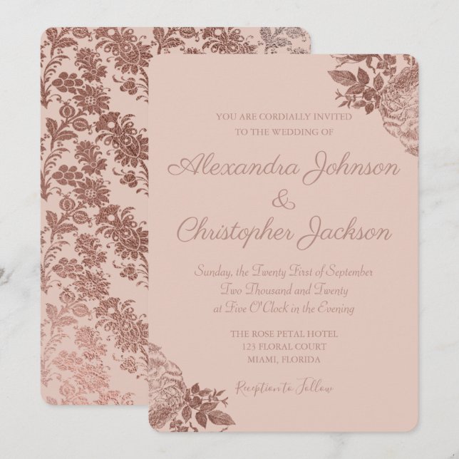 Rose Gold and Pink Foil Floral Roses Wedding Invitation (Front/Back)