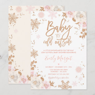 Rose Gold And Pink Winter Baby Shower Snowflake Invitation