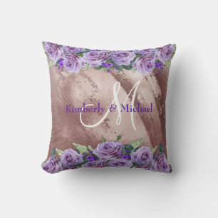 Rose Gold and Purple Floral Monogrammed Throw Pillow