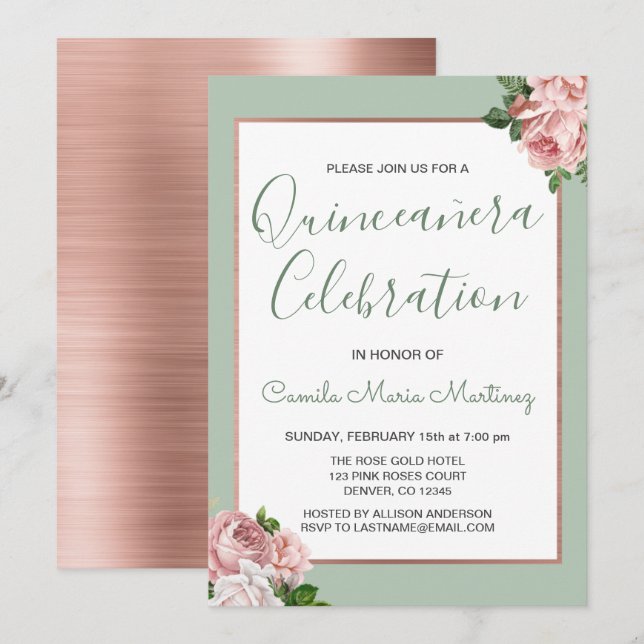 Rose Gold and Sage Floral Quinceañera Invitation (Front/Back)
