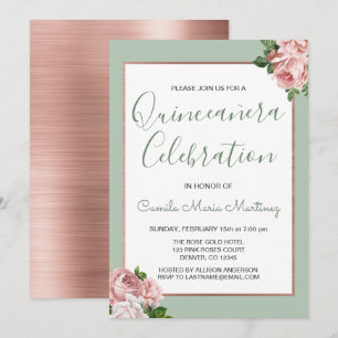 Rose Gold and Sage Floral Quinceañera Invitation
