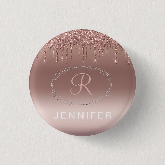 Rose Gold and Silver Glitter Monogram  1 Inch Round Button (Front)
