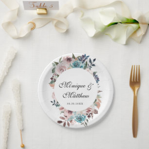 Rose Gold and Teal Botanical Peony Wedding Paper Plate