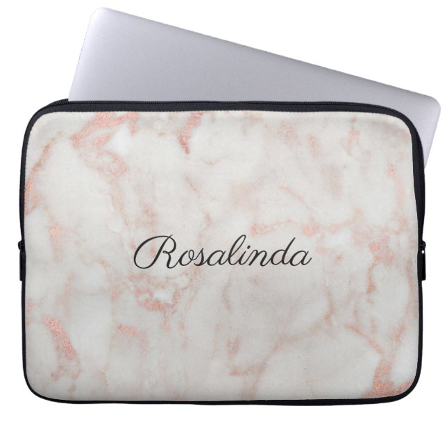 Rose Gold And White Faux Glitter Pattern Monogram Laptop Sleeve (Front)