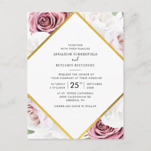 Rose Gold and White Floral Gold Geometric Wedding Invitation Postcard