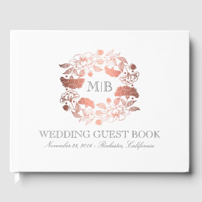 Rose Gold and White Floral Wreath Elegant Wedding Guest Book (Front)