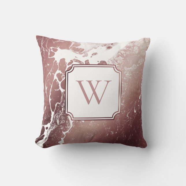Rose Gold and White Marble Pattern with Monogram Throw Pillow (Front)
