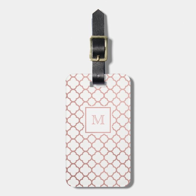 Rose Gold and White quatrefoil Luggage Tag (Front Vertical)