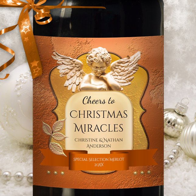 Rose Gold Angel Christmas Miracle Wine Label (Christmas wine label featuring an angel in rose gold in a festive Holiday setting)