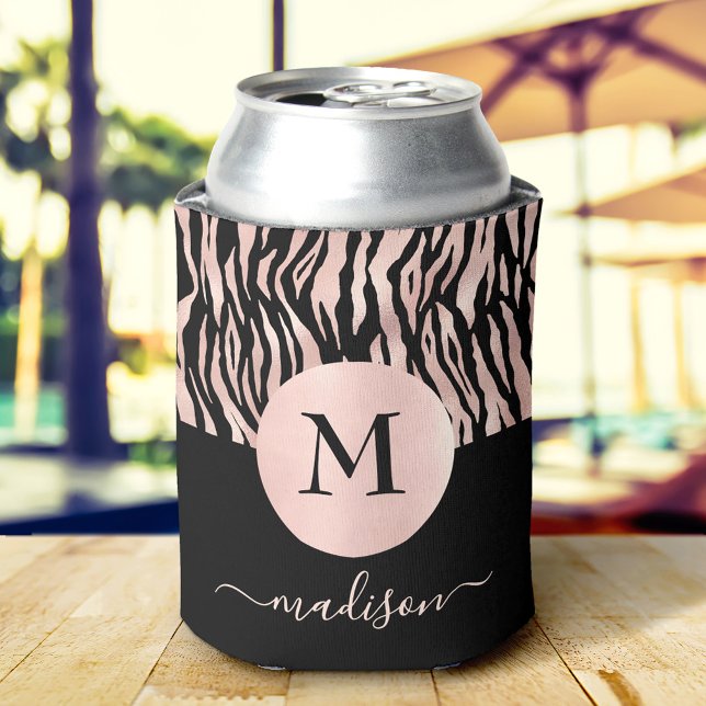 Rose Gold Animal Print Black Monogram Name Glam Can Cooler (Creator Uploaded)