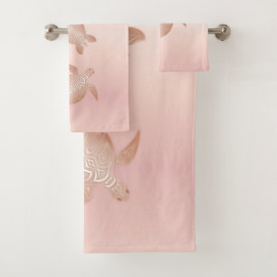 Rose Gold Apricot Blush Turtles Coastal Bath Towel Set