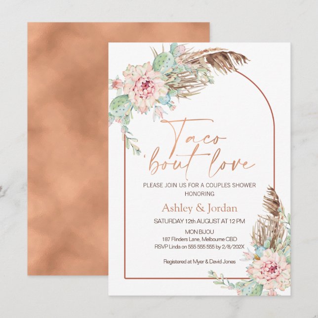 Rose Gold Arch Taco 'bout Love Boho Couples Shower Invitation (Front/Back)