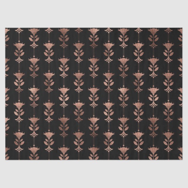 Rose Gold Art Deco Flowers on Black Decoupage Tissue Paper (Front)