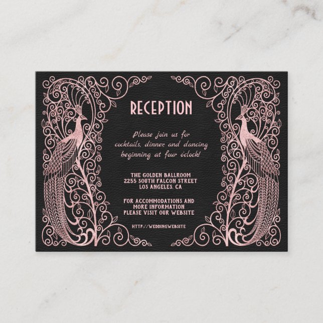 Rose Gold Art Deco Peacocks Black Reception Enclosure Card (Front)