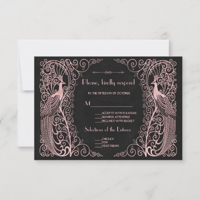 Rose Gold Art Deco Peacocks Black RSVP (Front)