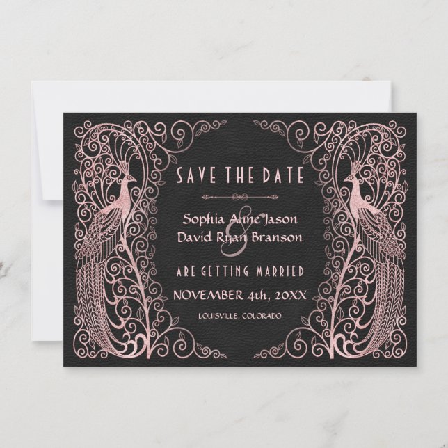 Rose Gold Art Deco Peacocks Black Save The Date (Front)