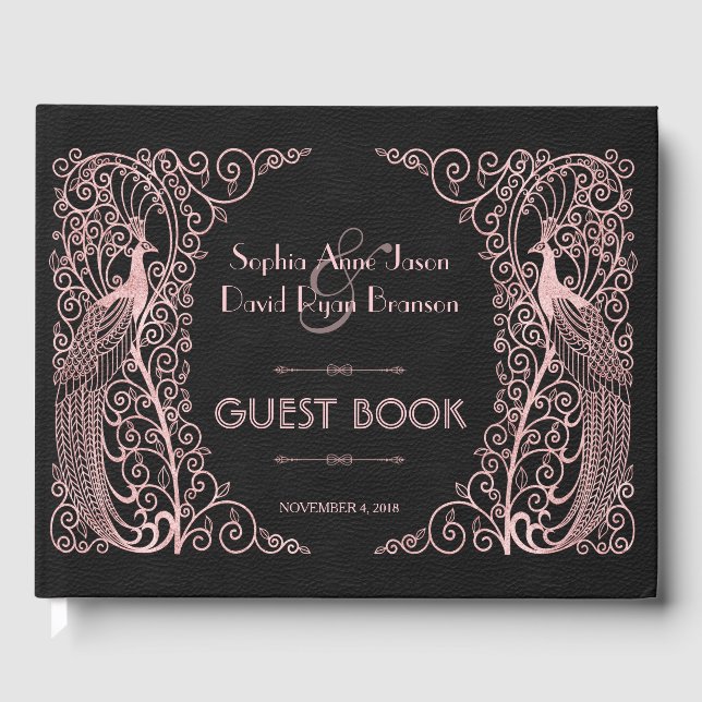 Rose Gold Art Deco Peacocks Black Wedding Guest Book (Front)