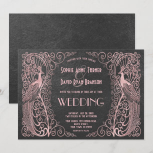 Rose Gold Art Deco Peacocks Black Wedding Invite
