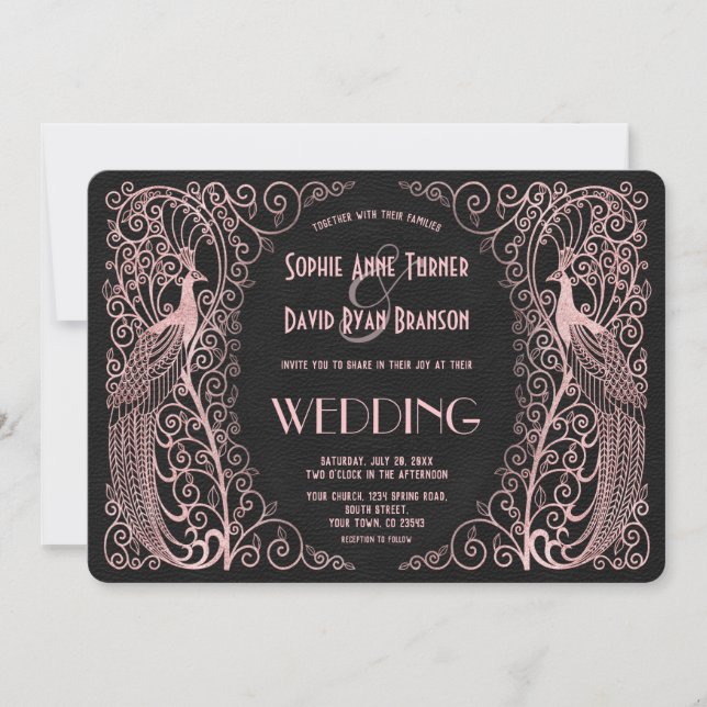 Rose Gold Art Deco Peacocks Black Wedding Invite (Front)