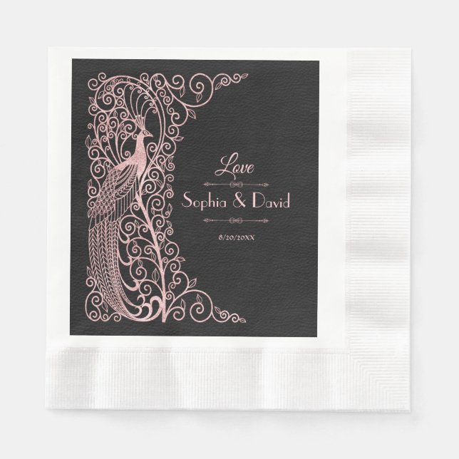 Rose Gold Art Deco Peacocks Black Wedding Napkin (Front)