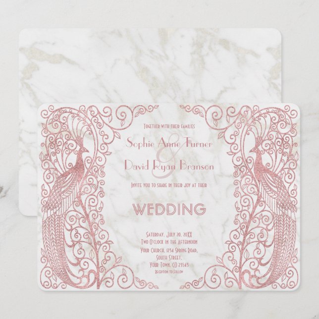 Rose Gold Art Deco Peacocks Wedding Invitation (Front/Back)