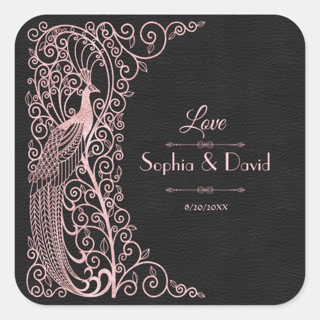 Rose Gold Art Deco Peacocks Wedding Square Sticker (Front)