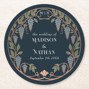 Rose Gold Art Nouveau Blue Wisteria Wedding Round Paper Coaster