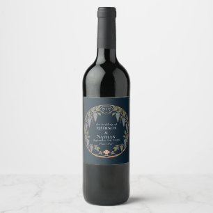 Rose Gold Art Nouveau Blue Wisteria Wedding Wine Label