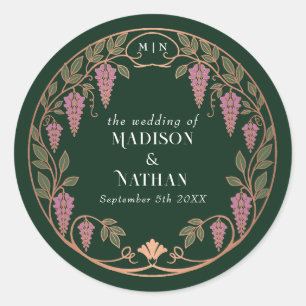 Rose Gold Art Nouveau Pink Wisteria Wedding  Classic Round Sticker