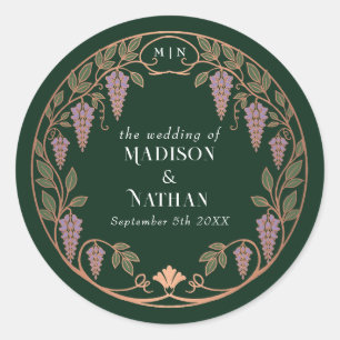 Rose Gold Art Nouveau Purple Wisteria Wedding Classic Round Sticker