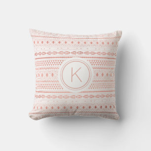 Rose Gold Aztec Tribal Pattern Monogram Throw Pillow