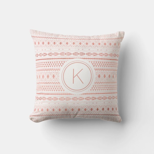 Rose Gold Aztec Tribal Pattern Monogram Throw Pillow (Front)