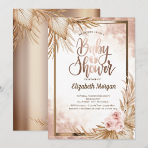 Rose Gold Baby Foots Pampas Roses Baby Shower Invitation