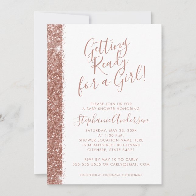 Rose Gold Baby Shower Pink Glitter Modern Simple Invitation (Front)