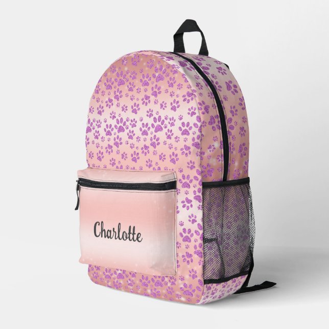 Rose Gold Background Purple Glitter Paw Prints Printed Backpack (Back Corner Right)