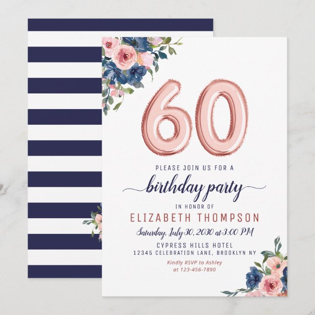 Rose Gold Balloon Floral Navy Blush 60th Birthday Invitation (Front/Back)