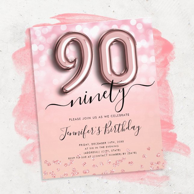 Rose Gold Balloon Glitter 90th Birthday Invite Flyer (Creator Uploaded)