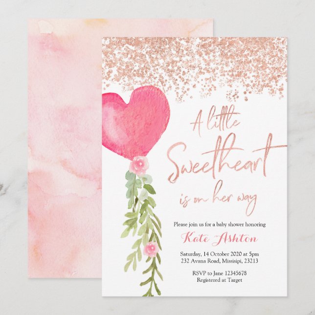 Rose Gold Balloon Valentine Baby shower Invitation (Devant / Derrière)