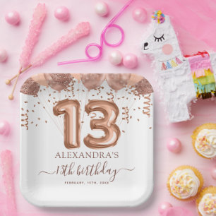 Rose Gold Balloons 13th Birthday Party Paper Plate