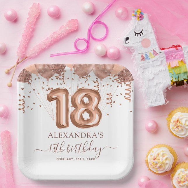 Rose Gold Balloons 18th Birthday Party Paper Plate (Party)