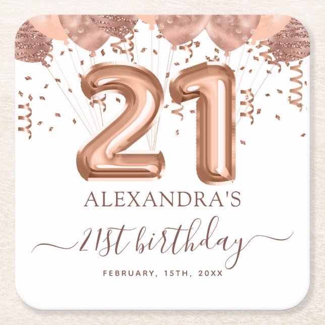 Rose Gold Balloons 21st Birthday Party Square Paper Coaster (Front)