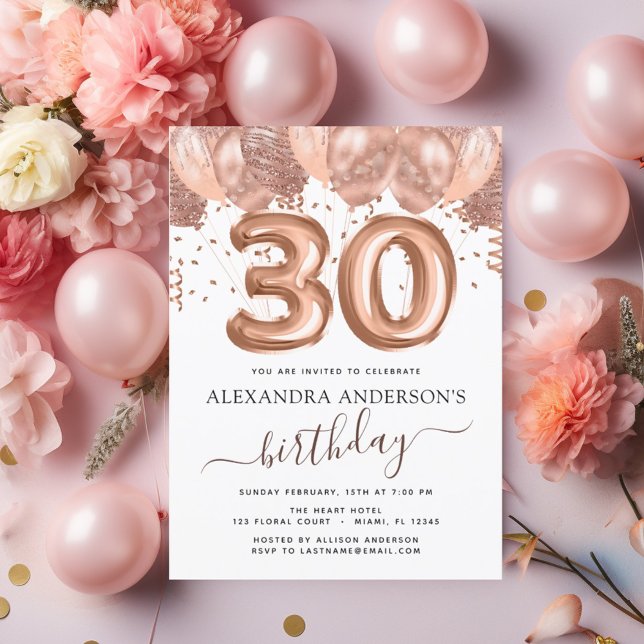 Rose Gold Balloons 30th Birthday Party Confetti Invitation (Creator Uploaded)