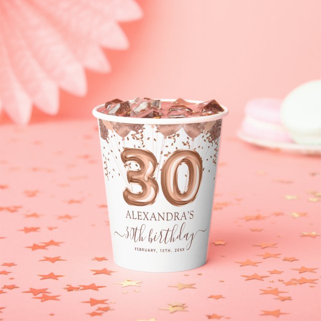 Rose Gold Balloons 30th Birthday Party Paper Cups (Insitu)