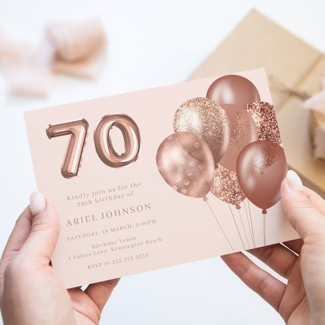 Rose Gold Balloons 70th Birthday Party Invitation (Creator Uploaded)